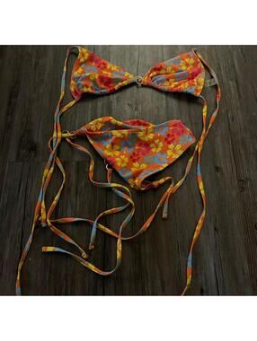 Floral Lace-Up Triangle Halter Bikini Orange Swim Set